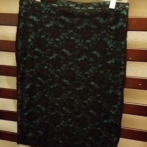 Teal and black lace pencil skirt